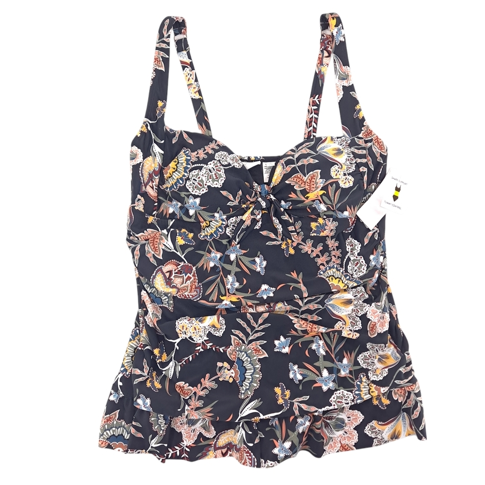New Directions One-Piece Swim Dress Lined Ruched Tummy Control Black Floral - 1X